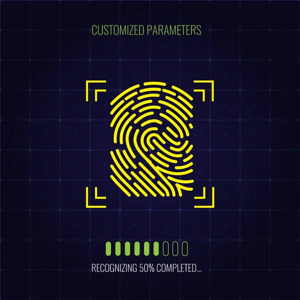 Identificazione della scansione delle impronte digitali e riconoscimento del sistema in corso. Concetto di autorizzazione biometrica. Illustrazione vettoriale . — Vettoriale Stock