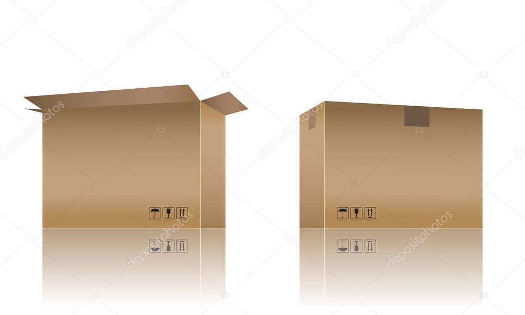 Cardboard box mockup with realistic color design. 3d Vector illustration.