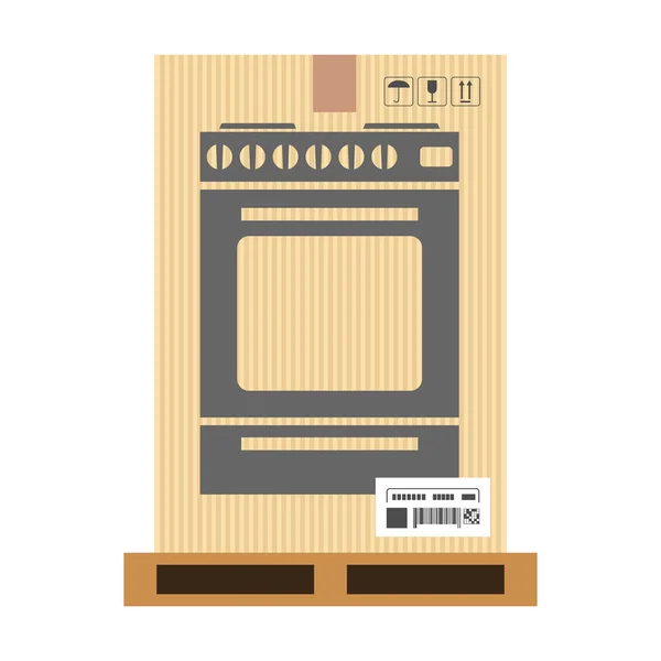Mock up de estufa de gas en caja de cartón. Servicios de mudanza y entrega. Ilustración vectorial — Archivo Imágenes Vectoriales
