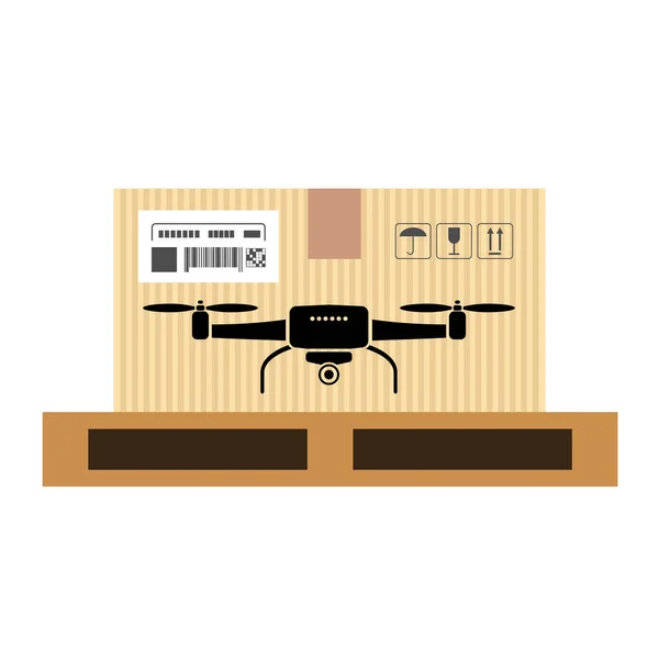 Mock up of drone or quadrocopter in carton box. Moving and delivery services. Vector illustration