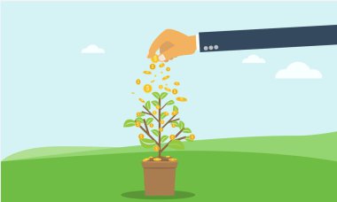 İşadamı el ile yapabilirsiniz para madeni para ağacı yatırım. büyüme, yatırım kavramı ile düz ve katı renk stili.