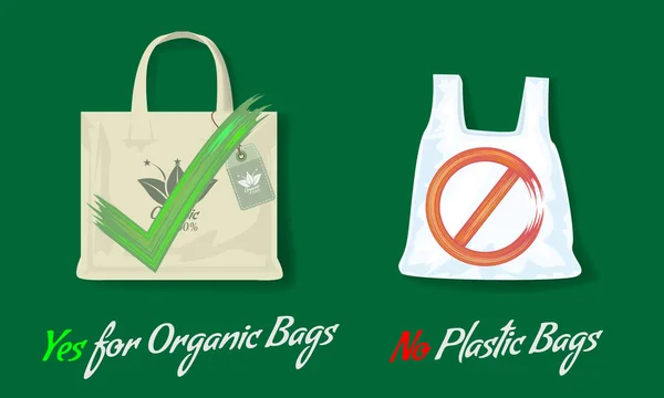 Скажи "нет" пластиковым пакетам и "да" органическим пакетам. Векторная иллюстрация в плоском стиле с акриловыми знаками да или нет . — стоковый вектор