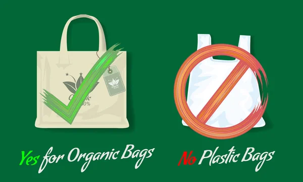 Zeg nee tegen plastic zakken en ja voor organische zakken. Vlakke stijl vectorillustratie met acryl ja of Nee tekenen. — Stockvector
