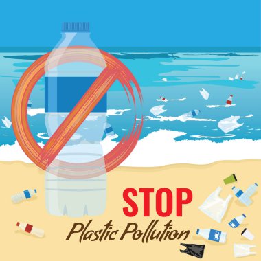 Plastik şişe mockup hiçbir işareti ile. Okyanus, deniz ya da plaj kavramı kirliliği. Vektör çizim.