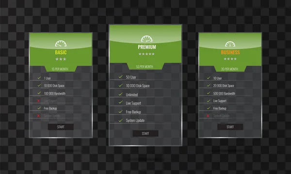 Trendige transparente Preisliste und Angebotssäulen mit Glaseffekt. — Stockvektor