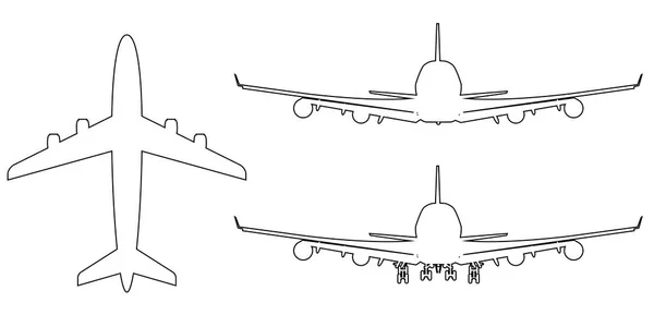 Hochdetaillierte Vektorebene mit Linien-Art-Stil. Draufsicht, Seiten-, Vorder- und Rückansicht. Vektorillustration. — Stockvektor