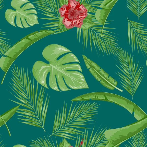 Selva vectorial abstracta exótica o patrón inconsútil de hojas y flores tropicales. Ilustración vectorial. Hoja verde y fondo verde . — Archivo Imágenes Vectoriales