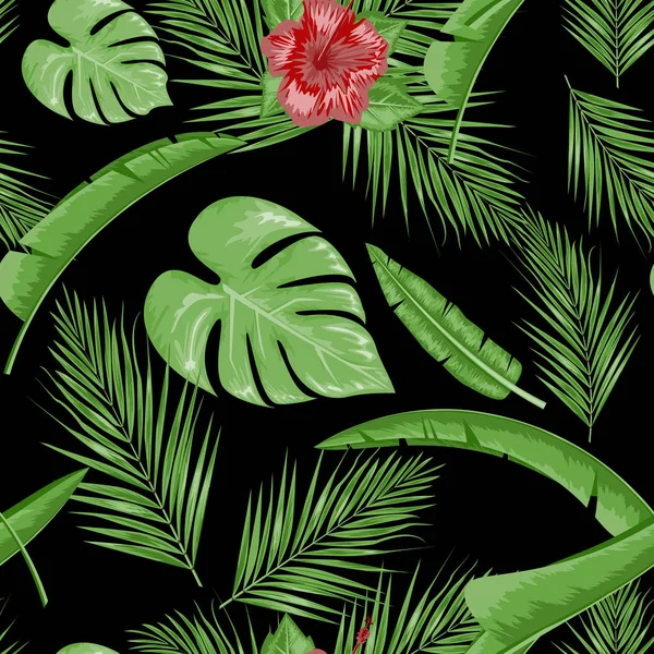 Selva vetorial abstrata exótica ou folha tropical e padrão sem costura flor. Ilustração vetorial. Folha verde e fundo preto . —  Vetores de Stock