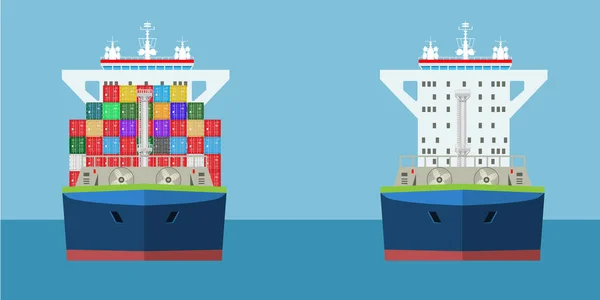 Leeres und vollbeladenes Containerschiff mit Frontansicht. Güterverkehrskonzept. hohe detaillierte Vektorabbildung. — Stockvektor