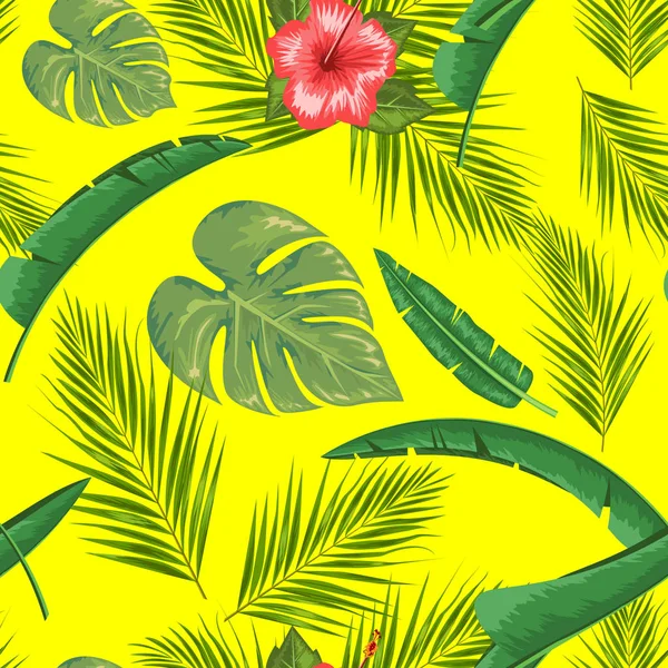 Selva vectorial abstracta exótica o patrón inconsútil de hojas y flores tropicales. Ilustración vectorial. Hoja verde y fondo amarillo . — Archivo Imágenes Vectoriales