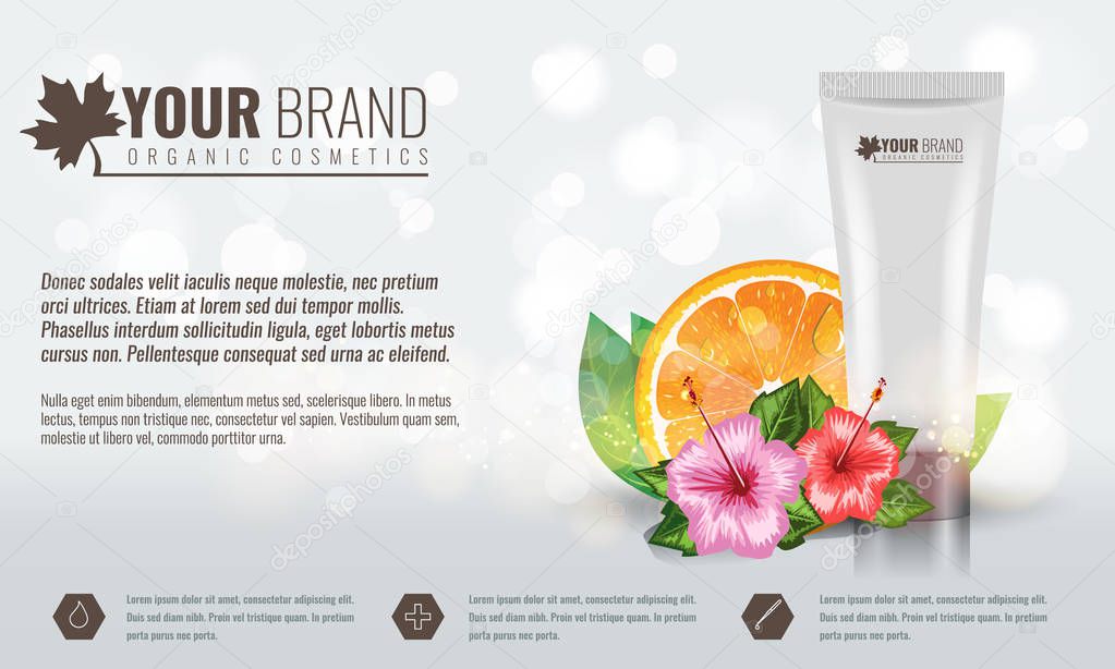 Beautiful hydrating facial cream cosmetic ads template with tropical flower and leaf. Vector illustration.