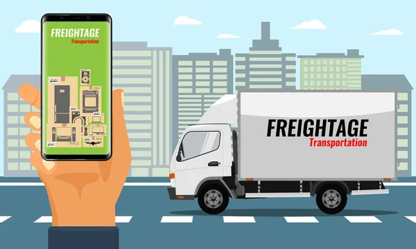 Smartphone a mano per tracciare la consegna. skyline della città e camion . — Vettoriale Stock