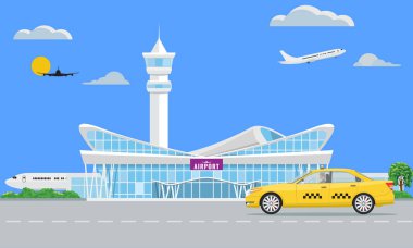 Katı Modern Havaalanı terminal binası ve sarı taksi. Vektör çizim.