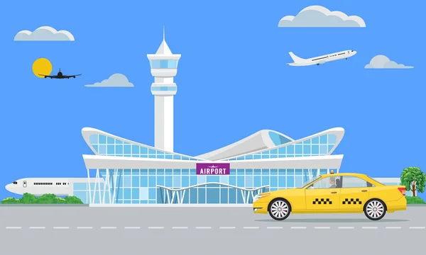 Solidní moderní letiště terminál a žluté taxi. Vektorové ilustrace. — Stockový vektor