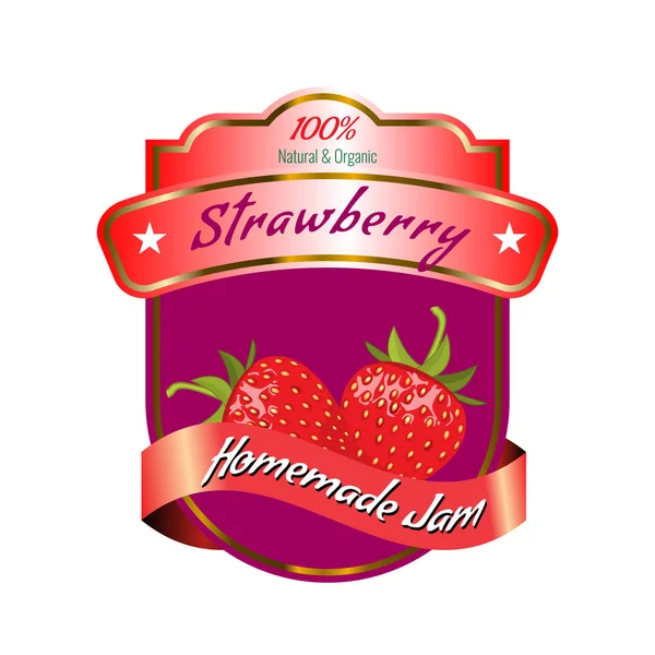 Design d'étiquette de fraise biologique pour l'emballage de confiture. Illustration vectorielle 3D . — Image vectorielle
