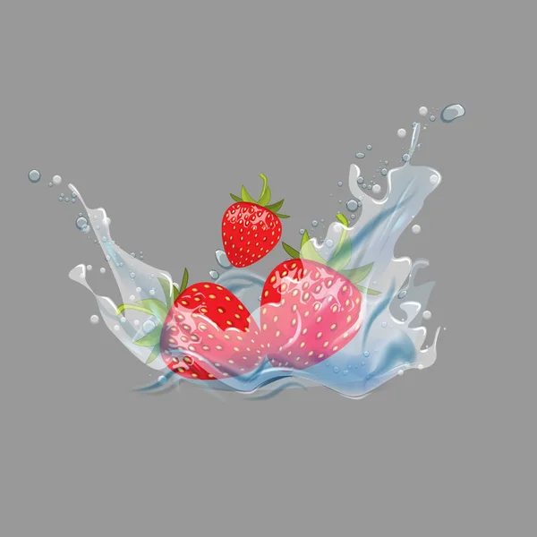 3D ώριμα νωπών φράουλα σε water splash. Εικονογράφηση διάνυσμα. — Διανυσματικό Αρχείο