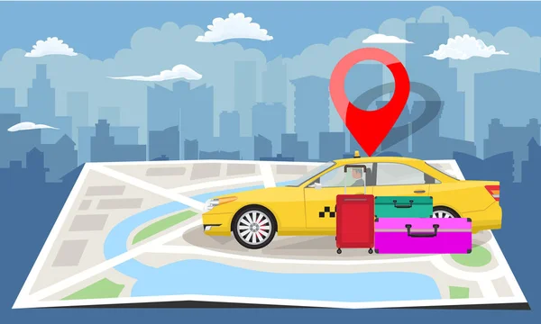 Sarı taksi çanta ve katlanmış harita ile cityscape siluet arka plan üzerinde kırmızı PIN ile. Vektör çizim. — Stok Vektör