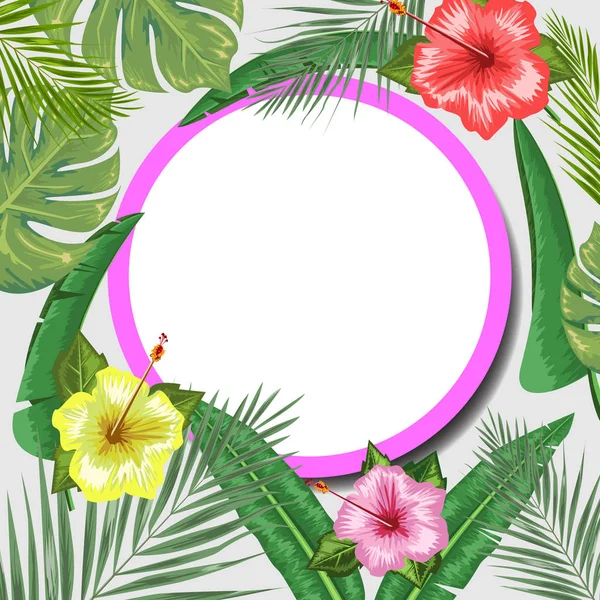 Tropisk kuliss med ram eller kant av tropiska exotiska lövverk och lämnar och placera för text. Platt akvarell vektorillustration. — Stock vektor
