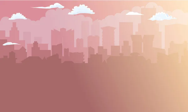 朝の陽光の都市建物シルエット。都市景観の背景。ベクトル図. — ストックベクタ