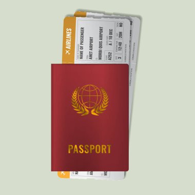 Uluslararası passport ile yatılı geçer. Kırmızı uluslararası pasaportu ile iki portakal uçak bileti. Gerçekçi vektör çizim.