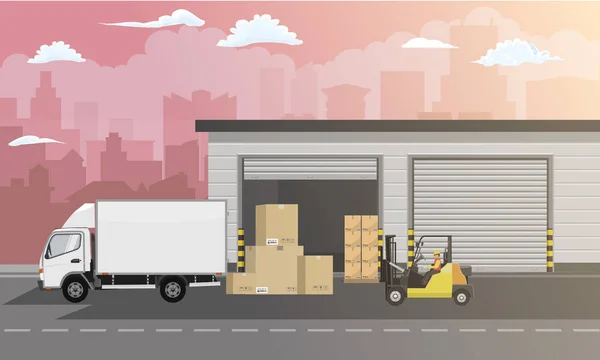 Façade de bâtiment d'entrepôt, camion et chariot élévateur sur fond de paysage urbain. Illustration vectorielle . — Image vectorielle