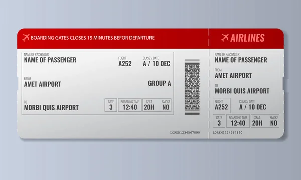 航空会社の搭乗券または航空券のデザイン テンプレート。現実的なベクトル図. — ストックベクタ