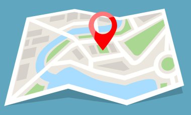 Kırmızı PIN simge ile göster kağıt katlanmış. Düz renk stil vektör çizim.