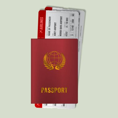 Uluslararası passport ile yatılı geçer. Kırmızı uluslararası pasaportu ile iki kırmızı uçak bileti. Gerçekçi vektör çizim.