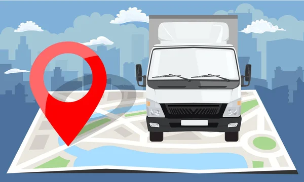 Witte vrachtwagen over gevouwen vlakke kaart en rode pin. Stadsgezicht achtergrond. Vectorillustratie. — Stockvector
