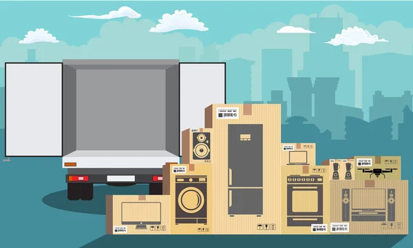 Verzendingsdienst. Bestelwagen over stadsgezicht met stapel kartonnen doosjes. Vlakke stijl, vectorillustratie. — Stockvector