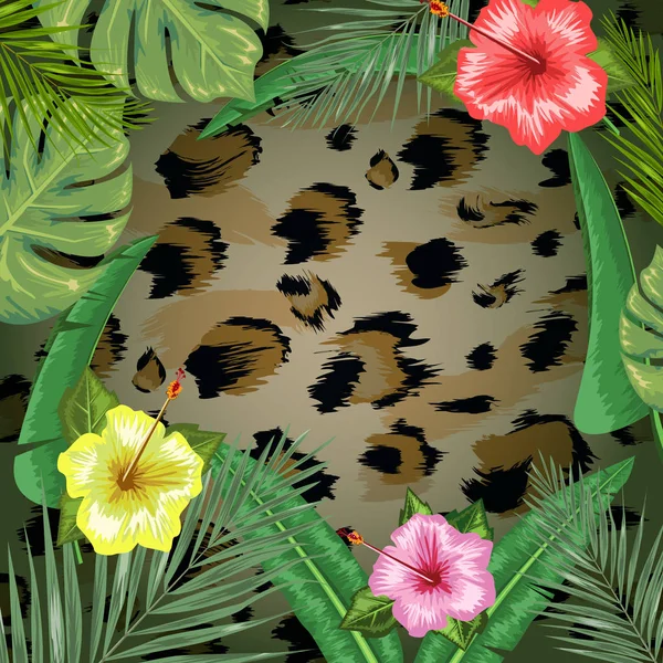 Fundo tropical com moldura ou borda feita de flor tropical e folhas e lugar para texto e fundo de pele de leopardo. Ilustração vetorial plana . — Vetor de Stock