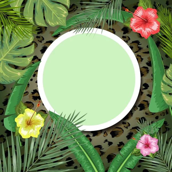 Tropical backdrop with frame or border made of tropical flower and leaves and place for text and leopard skin background. Flat vector illustration. — Stock Vector