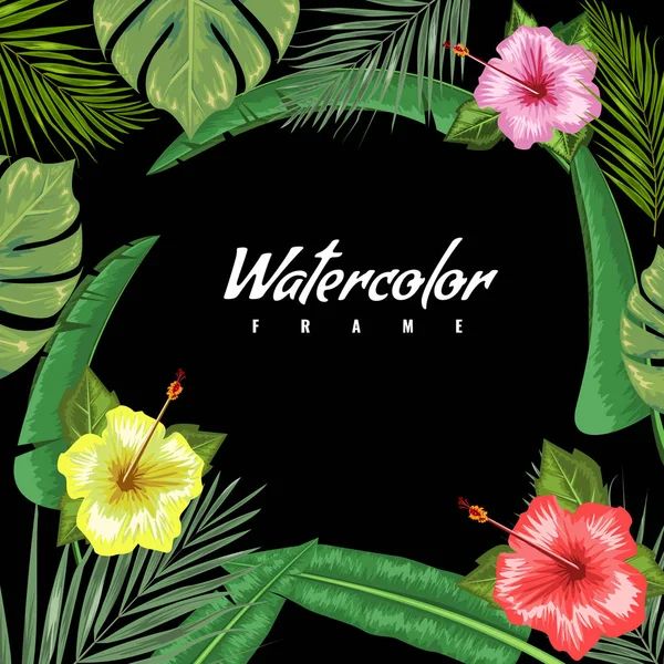 Fondo tropical con marco o borde hecho de follaje tropical exótico y hojas y lugar para el texto. Ilustración plana vector acuarela . — Vector de stock