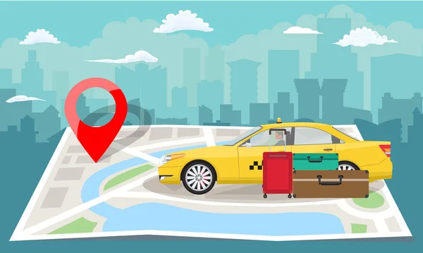 Táxi amarelo com bolsas e pino vermelho sobre mapa dobrado com silhueta cityscape fundo. Ilustração vetorial . — Vetor de Stock