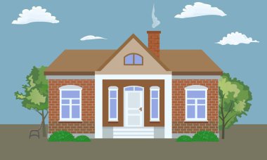 Detaylı ev ve Önden Görünüm ağaçlarıyla serin. Düz ve katı renk stil vektör çizim.