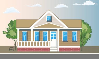 Detaylı ev ve Önden Görünüm ağaçlarıyla serin. Düz ve katı renk stil vektör çizim.