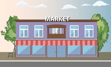 Bina, açık manzaralı çarşı alışveriş süpermarket. Vektör çizim.