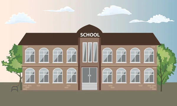Edificio escolar vista frontal exterior con árboles. Ilustración vectorial de estilo de color plano y sólido . — Vector de stock