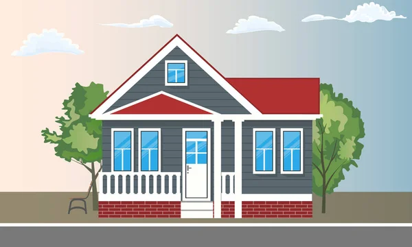 Fresca casa detallada y árboles con vista frontal. Ilustración vectorial de estilo de color plano y sólido . — Vector de stock