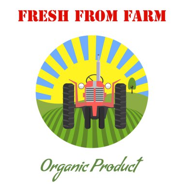 Traktör çiftlik Peyzaj ve güneş için etiket veya pakete tasarım logolu. Düz vektör çizim.