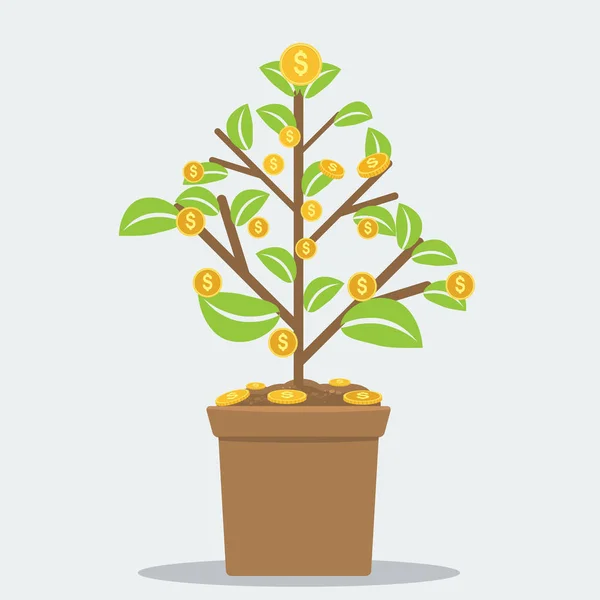 Concept d'investissement réussi avec plante maison en pot de fleurs et pièces symbole dollar. Illustration vectorielle plate . — Image vectorielle