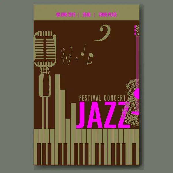 Modèle d'affiche de concert du festival de jazz avec silhouette micro rétro vintage et clavier piano et guitare florale. Illustration vectorielle . — Image vectorielle