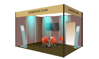 Sergi stand ekran tasarımı masa ve sandalye, bilgi yönetim kurulu ile. Kurumsal kimlik ticari sergi Booth şablonu. Vektör çizim.