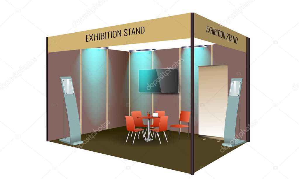 Exhibition stand display design with table and chair, info board. Commercial exhibition Booth template for Corporate identity. Vector illustration.