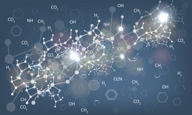 DNA molekülü kimyasal zincirleri ve şekiller. Tıbbi ya da kimyasal arka plan. Resimli vektör.