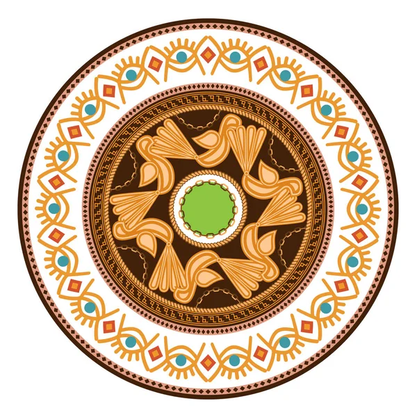 Decorative plate with round ornament in ethnic tribal symbols style. Vector illustration. — Stock Vector