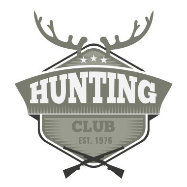 Vintage tarzı ile Avcılık Kulübü etiket rozet. Avcı kavramı afiş. Geyik boynuzu ile av tüfeği simgeleri. Vektör çizim.