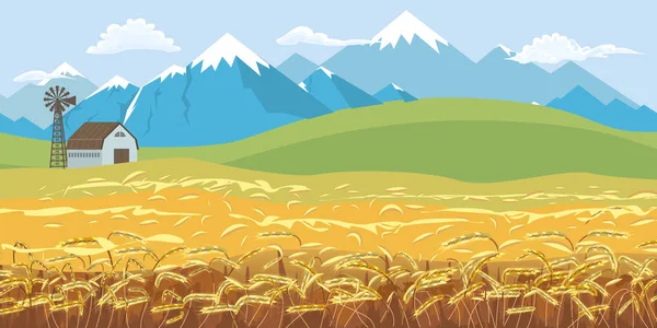 Campo rural paisaje, amanecer por encima de las colinas con campo de trigo y montañas nevadas fondo. Ilustración vectorial . — Vector de stock