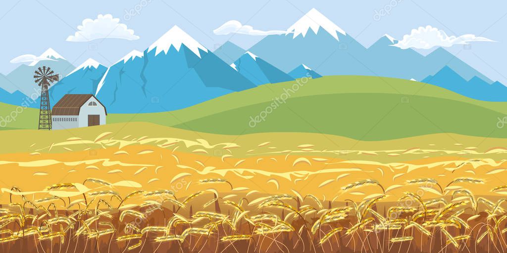 Rural farm landscape, dawn above hills with wheat field and snowy peak mountains background. Flat color Vector illustration.
