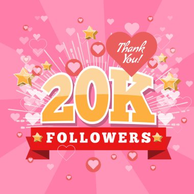 20 k takipçileri ve teşekkür ederim afiş arka plan ile kalp kabarcık kutsal kişilerin resmi. Sosyal medya mesaj için şablon. Tasarımınız için vektör kapak.